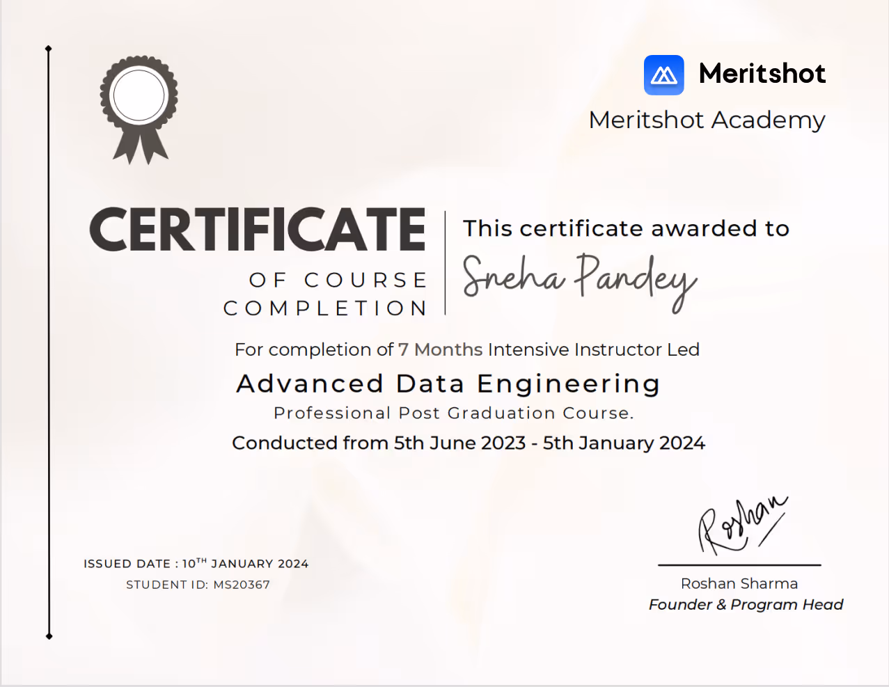 Meritshot Program Certificate