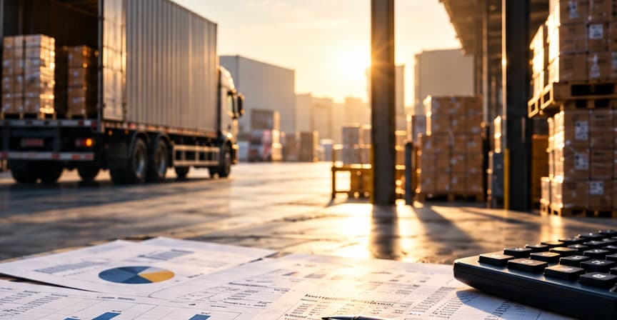 Illustrative fulfillment warehouse with parcels moving along a conveyor