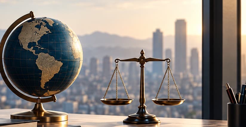 Illustrative balanced scales and global investment portfolio materials