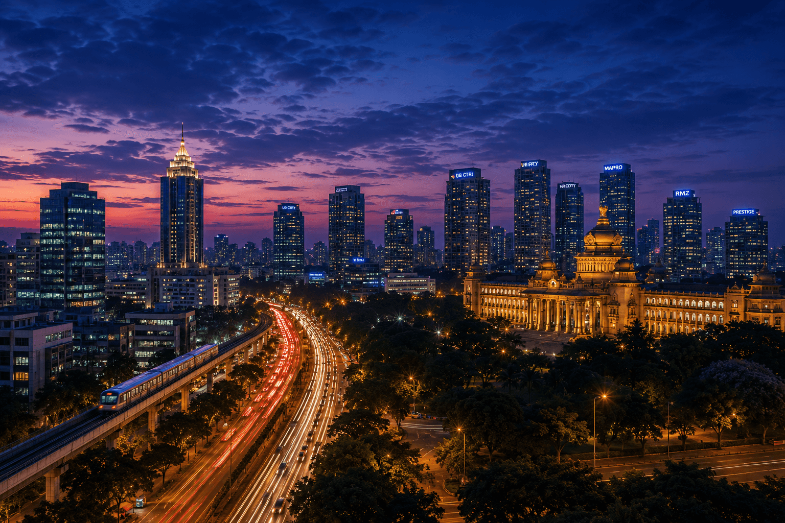 Bengaluru skyline featuring UB City, MG Road and Electronic City at night