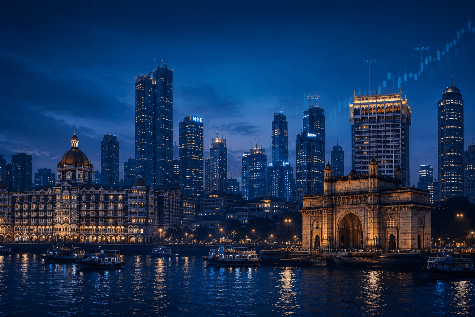 Mumbai skyline featuring BSE, Marine Drive and the Gateway of India at night